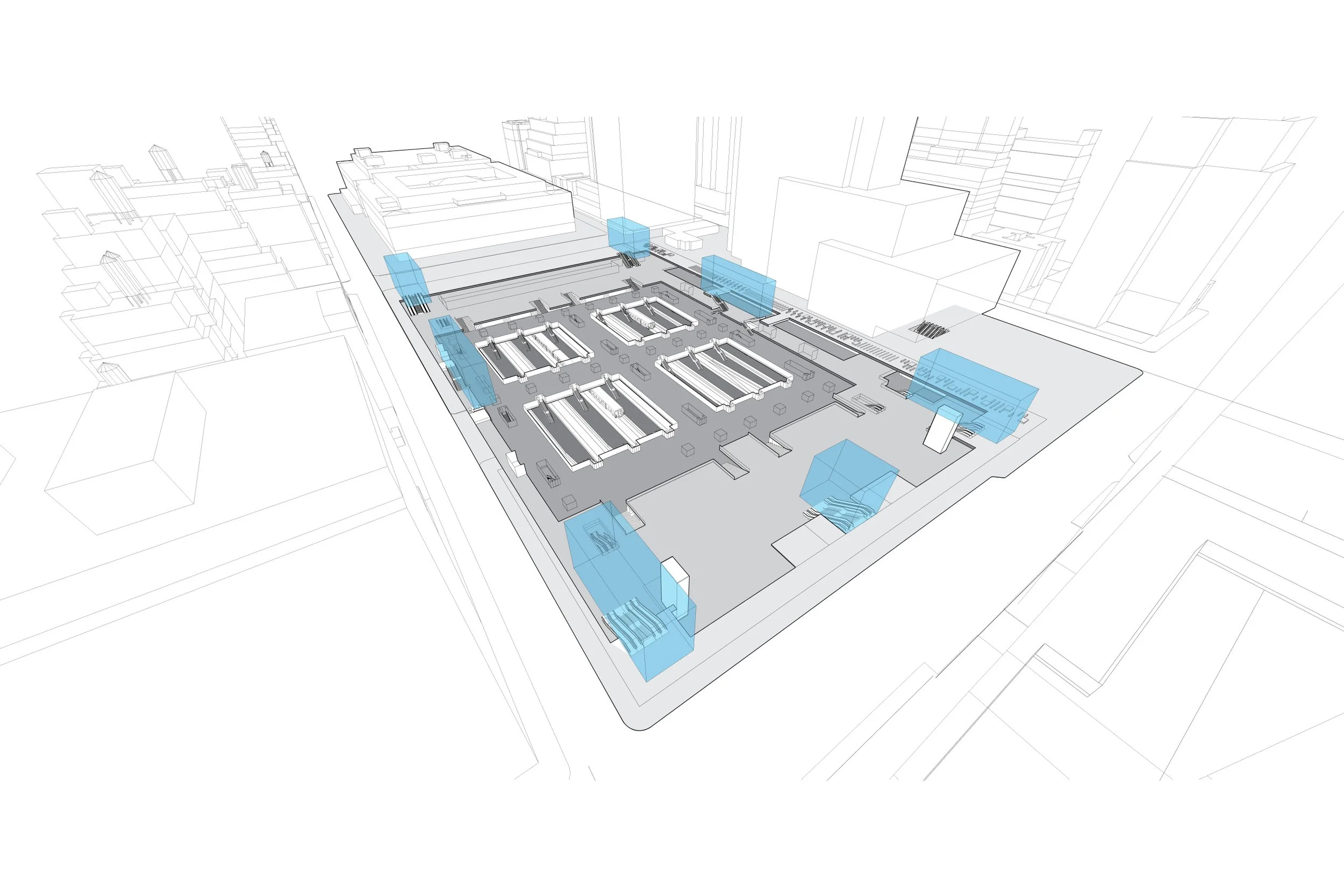 diagram showing entrances and exits from station at street level 