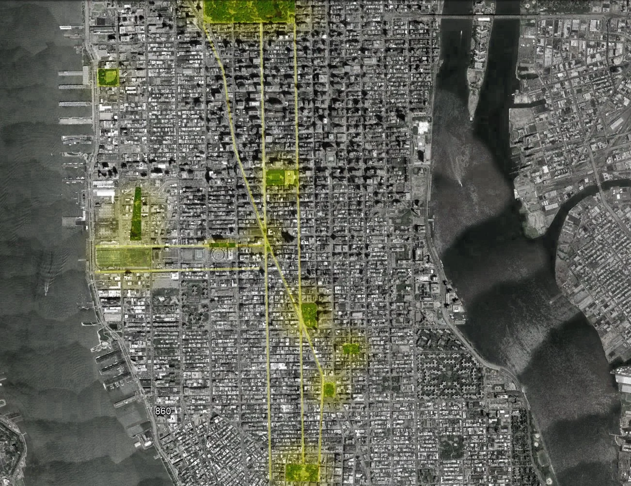 Map of midtown manhattan highlighting all public spaces including Penn station