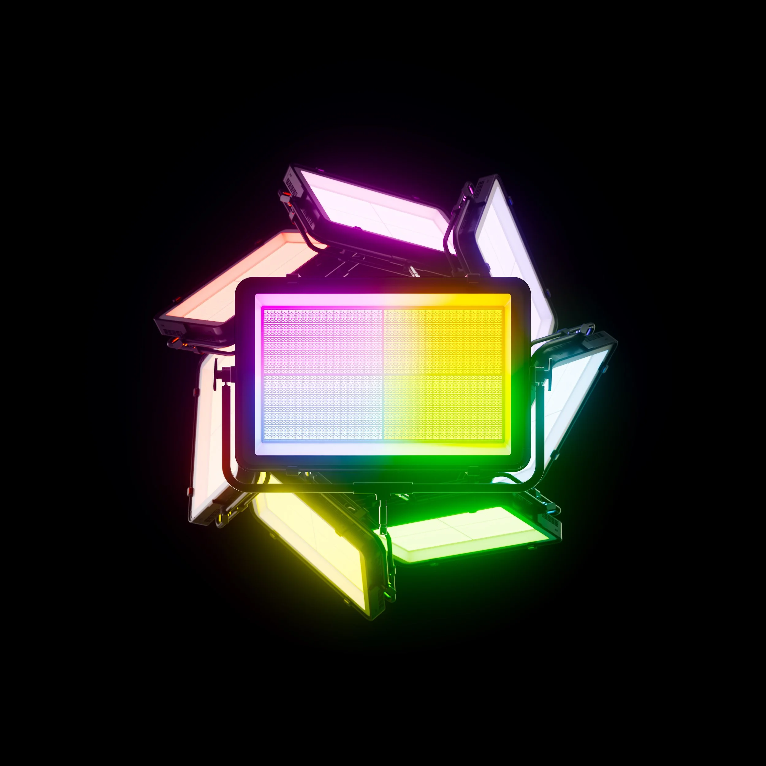 Array of stage or studio lights in various colors including white, blue, pink, orange, and yellow, mounted on black stands against a dark background.