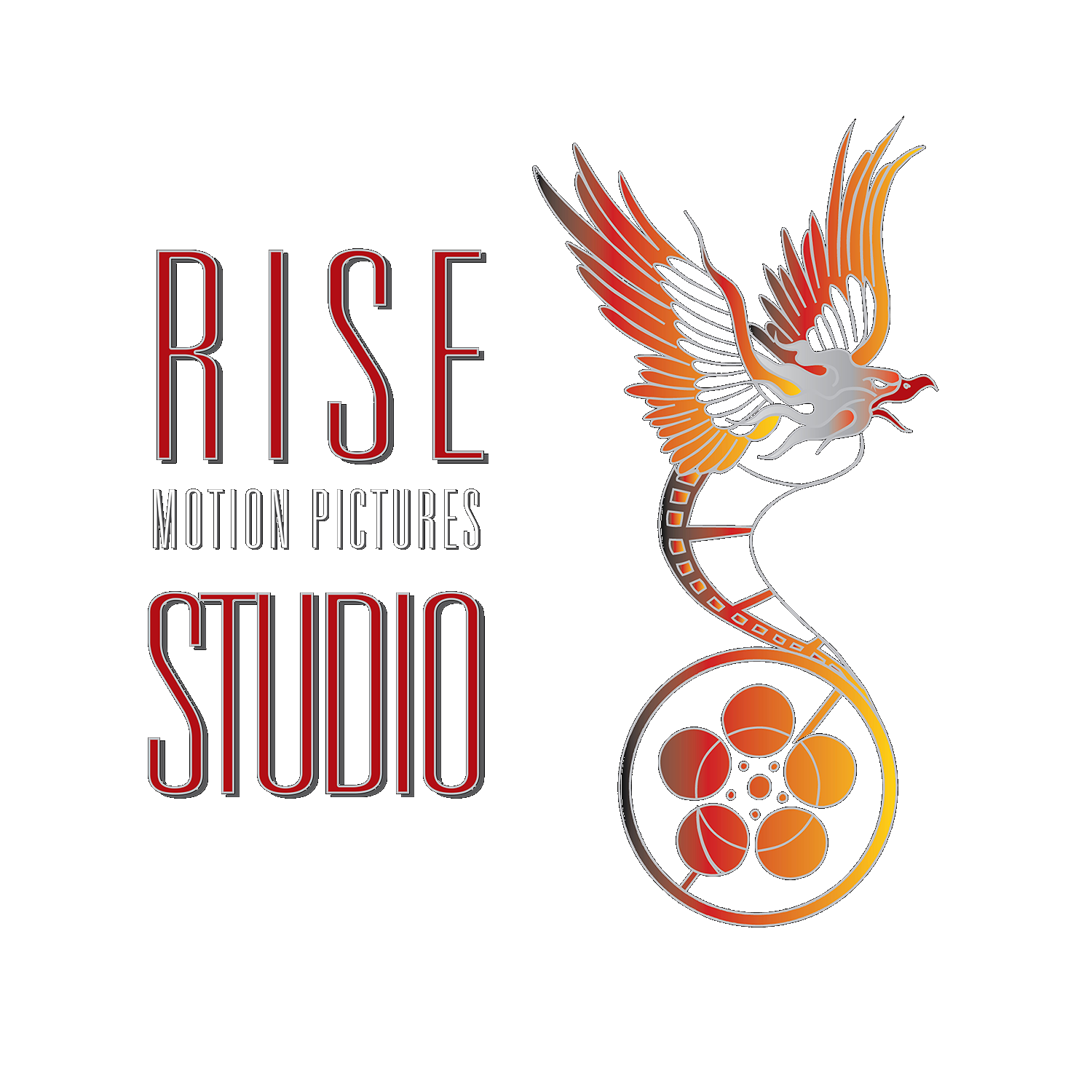 Logo for 'RISE Motion Pictures Studio' featuring a fiery phoenix rising from film reel on a black background.