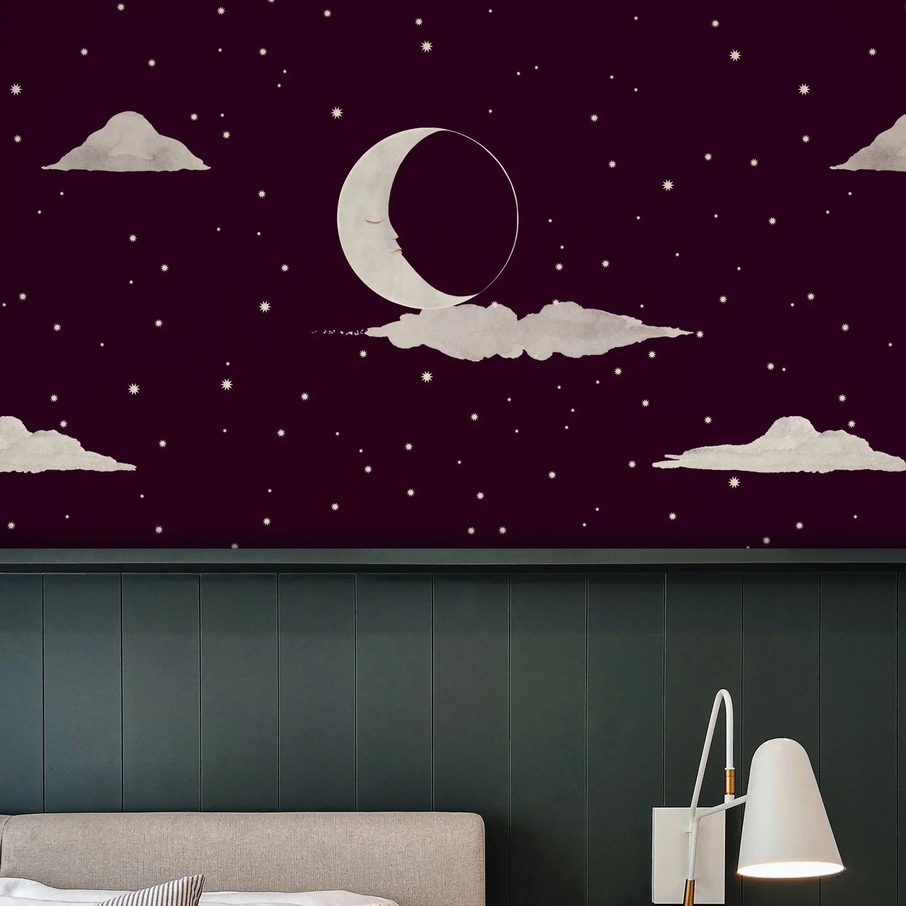 Celestial night-sky wallpaper with a hand-painted crescent moon, clouds and stars on deep plum — eco-friendly and GreenGuard certified
