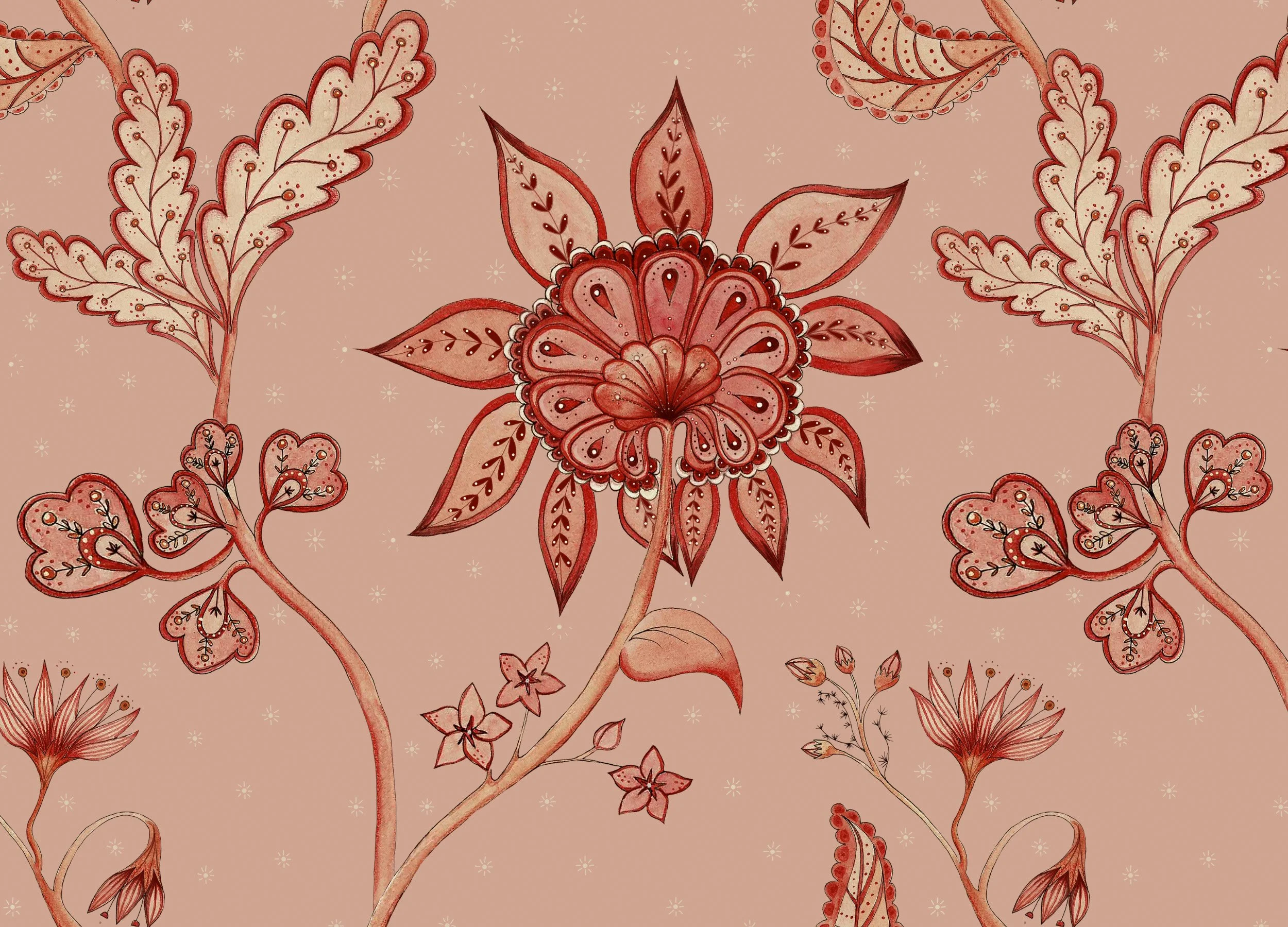 Hand-painted chintz-inspired floral repeat pattern in terracotta and blush by surface pattern designer Hannah Barratt