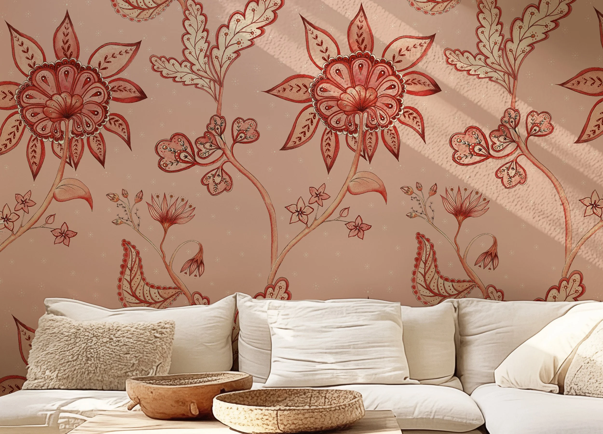 Solstice Bloom hand-painted chintz floral wallpaper design shown in a neutral living room setting by Hannah Barratt