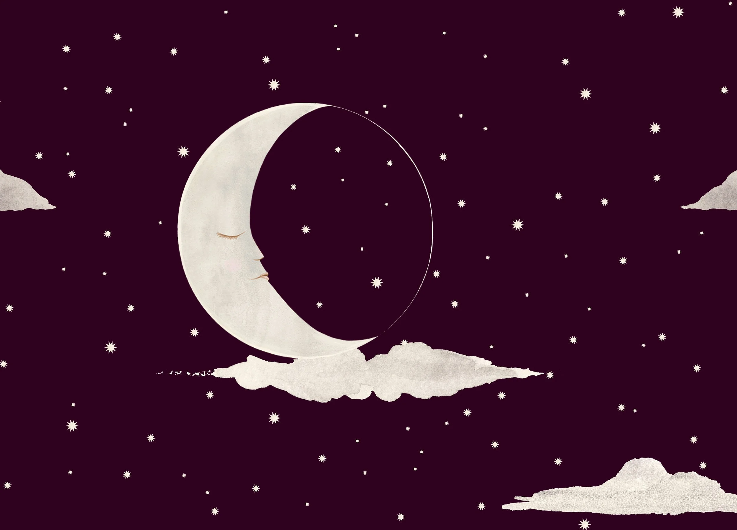 Flat repeat of a hand-painted crescent moon and stars wallpaper pattern in deep aubergine purple.