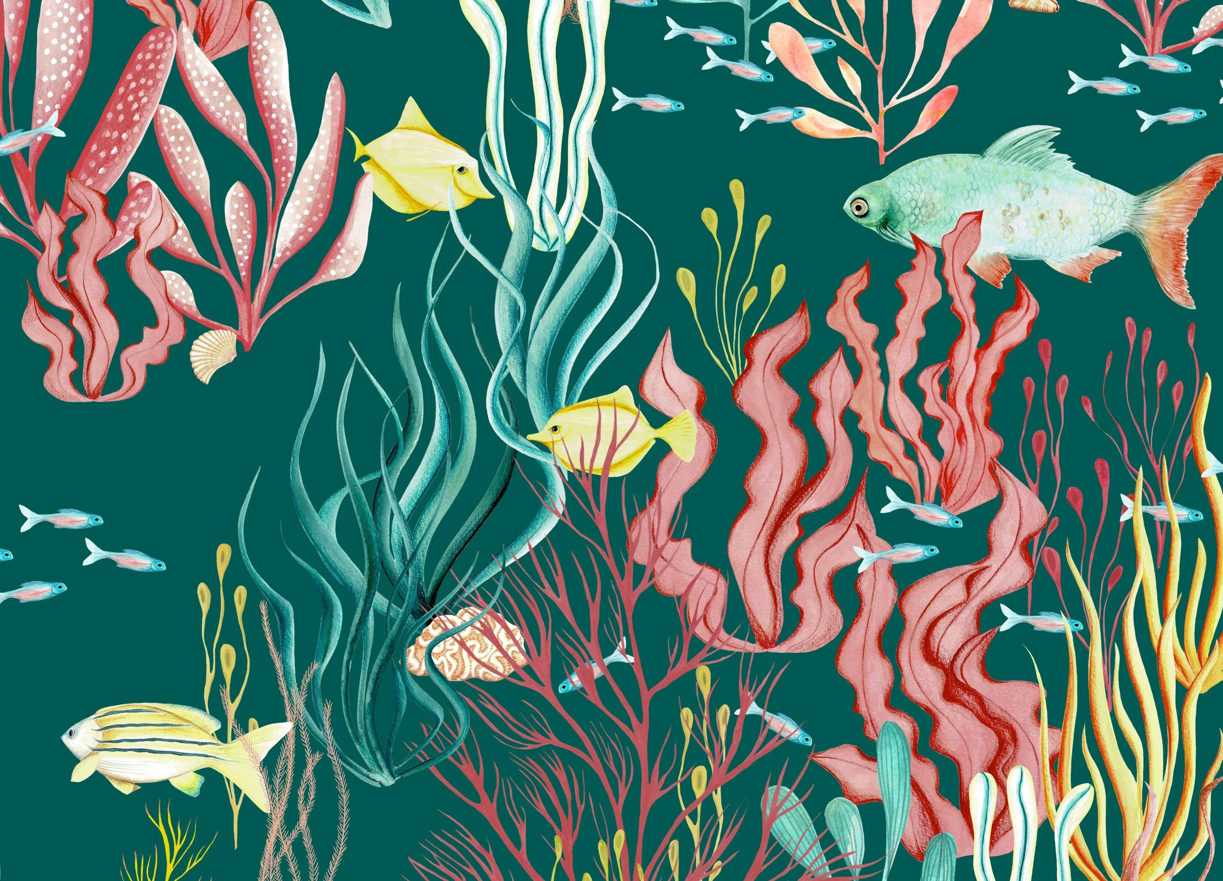 Flat repeat of a hand-painted coral reef wallpaper pattern, teal background with tropical fish, seaweed and coral in pink, yellow and coral tones