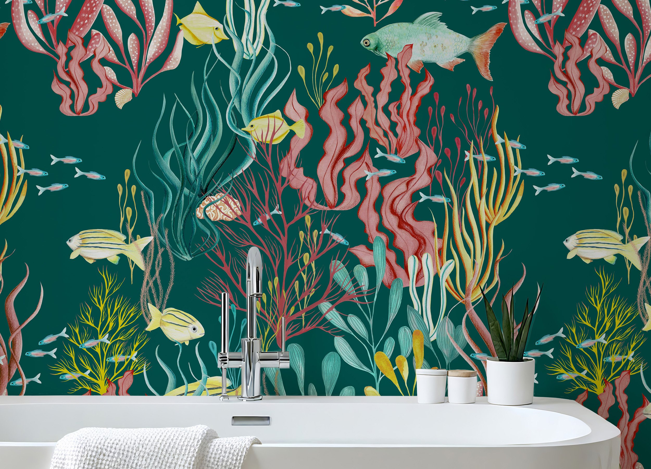 Coral reef and tropical fish wallpaper mockup in a teal bathroom setting