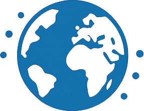 Stylized blue globe representing Earth with continents and surrounding dots.