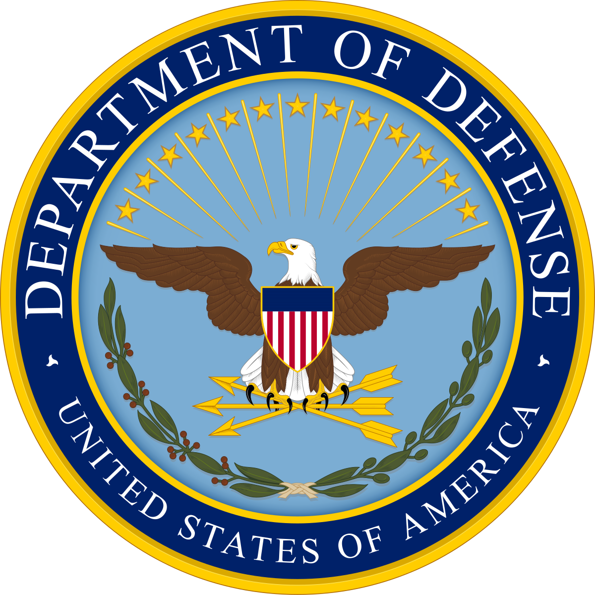 Official seal of the Department of Defense of the United States with an eagle holding arrows and an olive branch, shield on its chest, and surrounded by stars and a blue ring with the text.