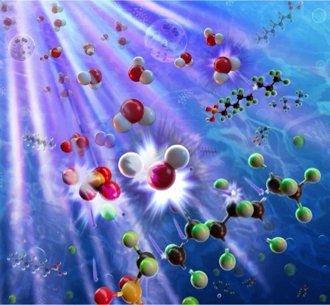 Digital illustration of various molecules and atoms in a dynamic, colorful background with light beams.
