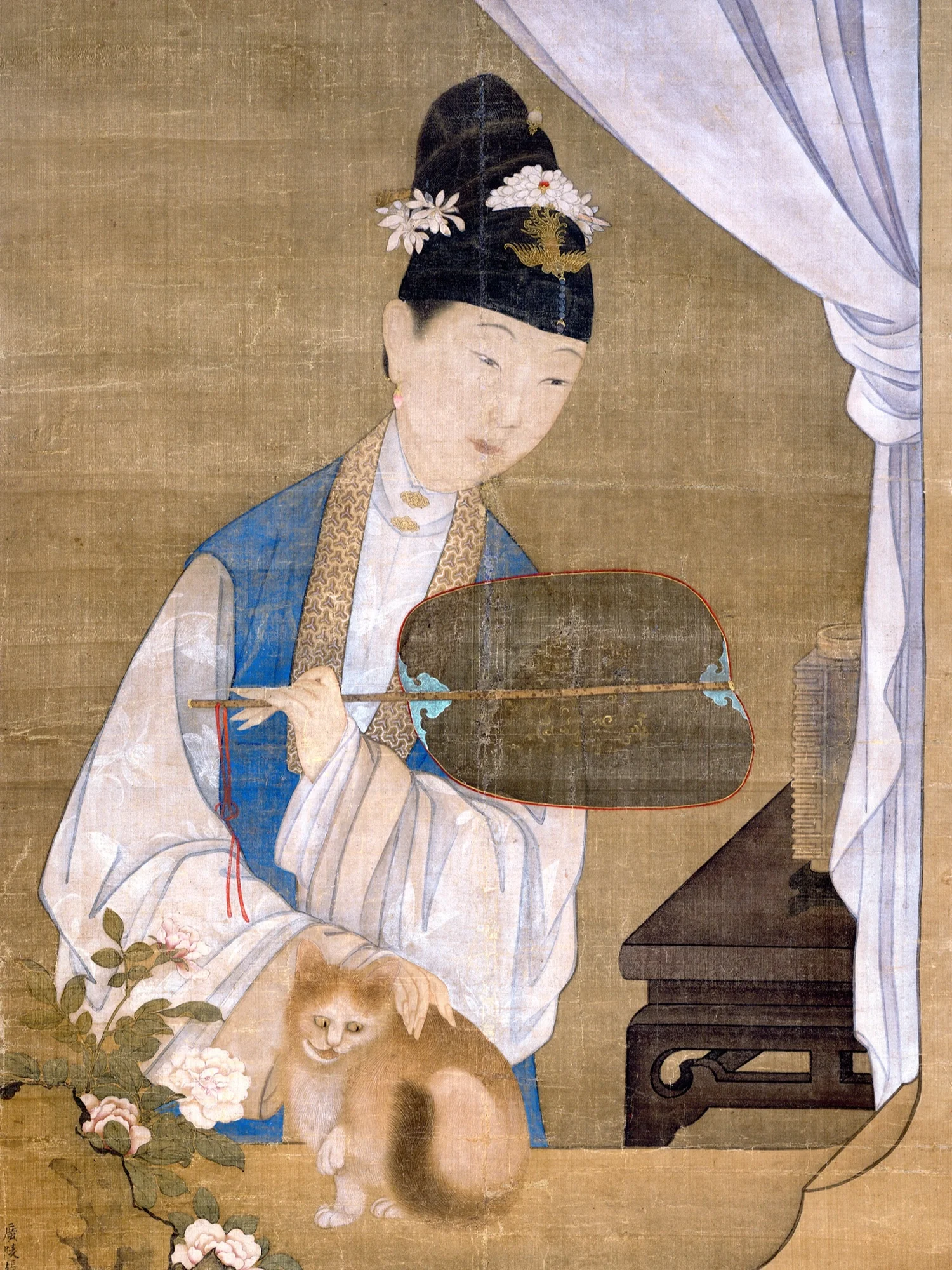 A traditional Japanese painting of a woman in a kimono with flowers and a headdress, holding a fan, accompanied by a lion cub.