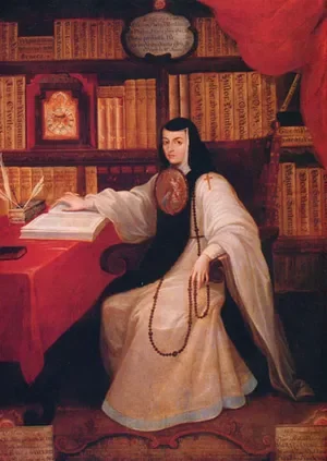 A woman dressed in historical clothing sitting in a library or study with books, a desk, and a red curtain behind her.