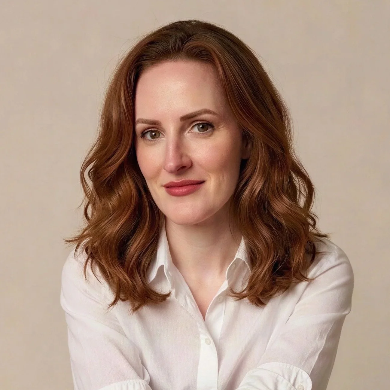 A woman with shoulder-length red hair, wearing a white collared shirt, smiling gently, posing against a plain beige background.