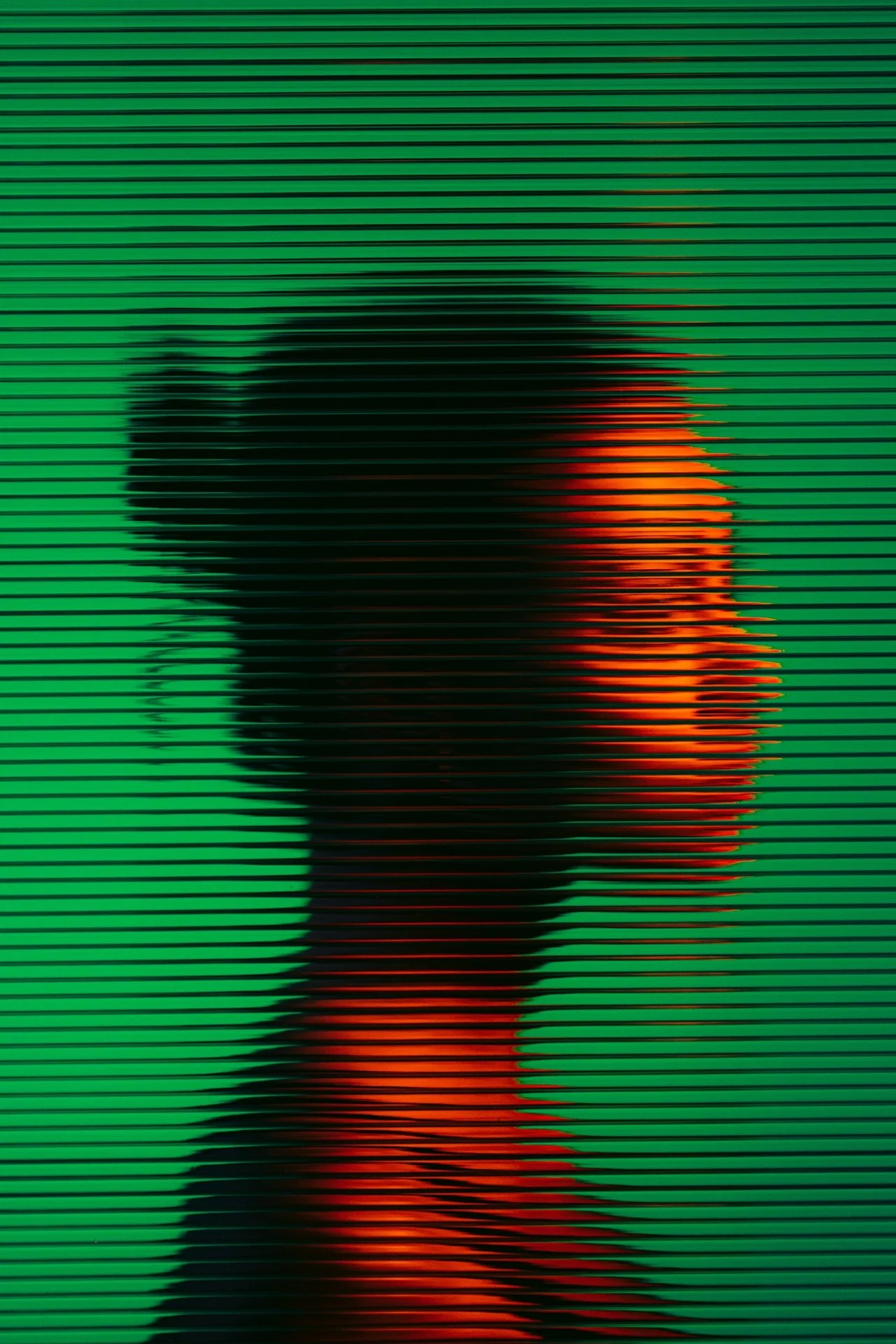 Silhouette of a person with a top knot against a green background, distorted by horizontal lines, illuminated with orange light on the face and neck.