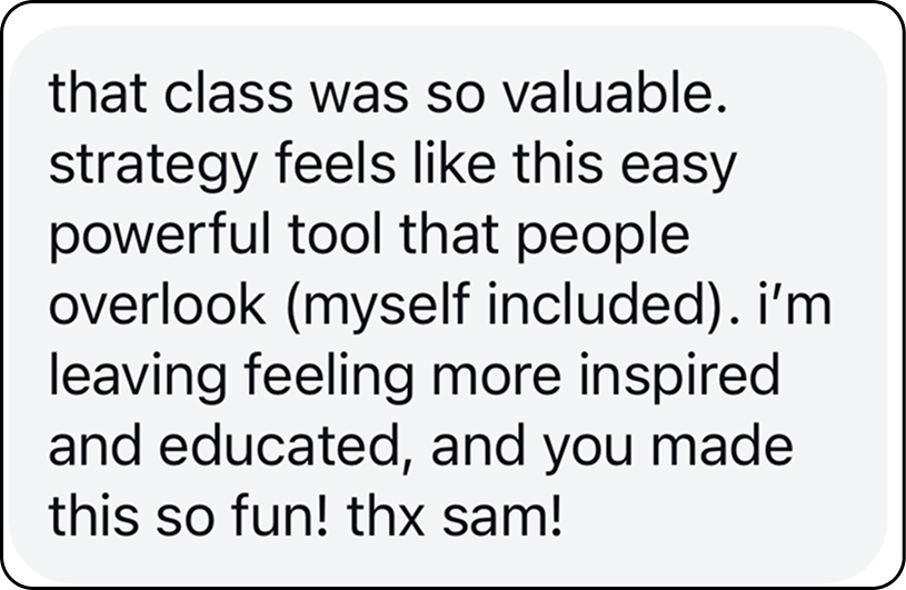 Screenshot of a text message praising a class and enjoying a learning tool.