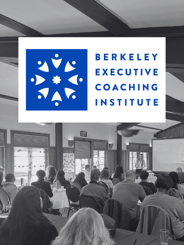 Classroom of people attending a workshop or seminar, with a speaker at a whiteboard at the front. Berkeley Executive Coaching Institute logo is superimposed.