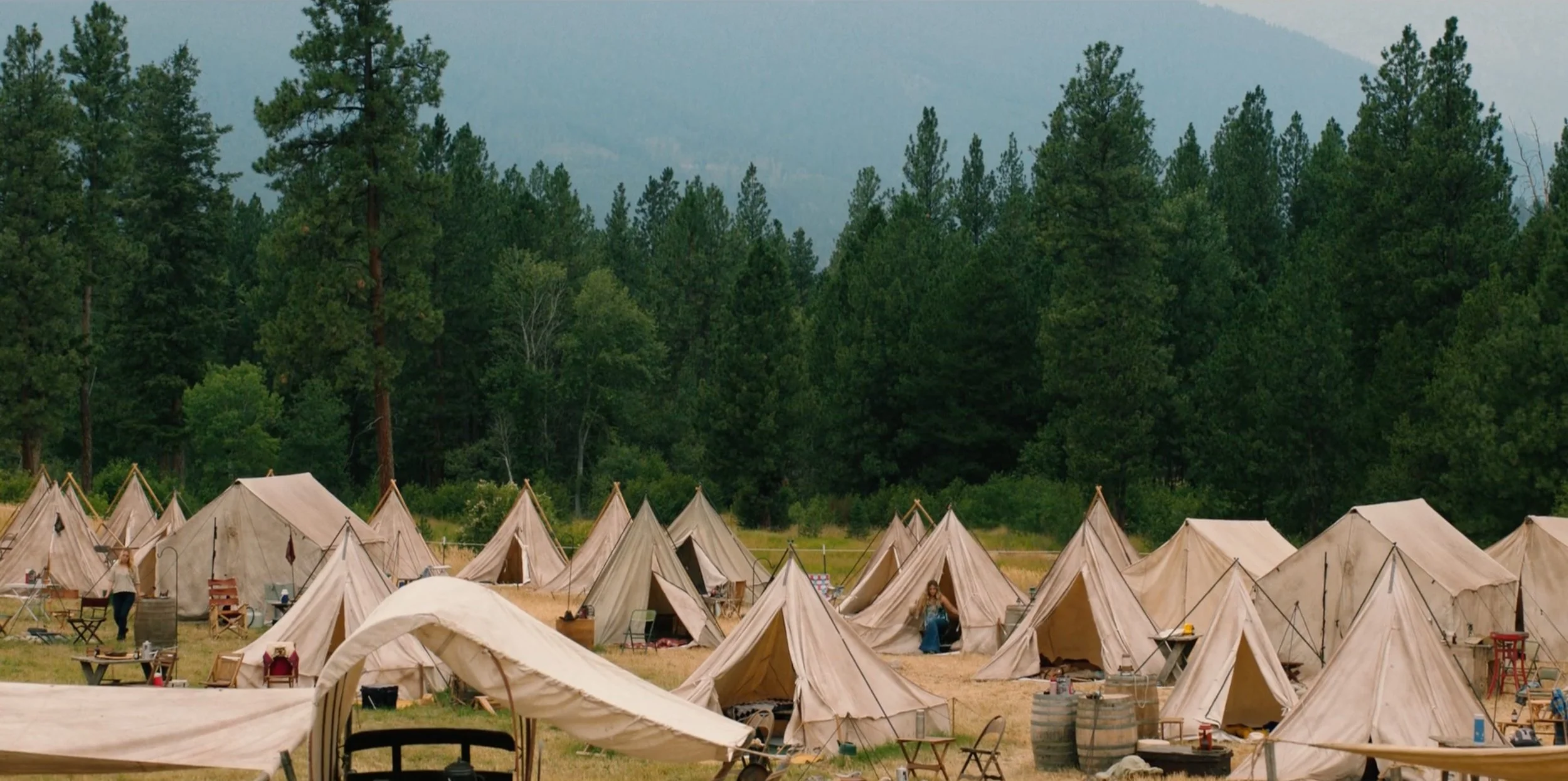 A rustic campsite with numerous canvas tents surrounded by tall pine trees.