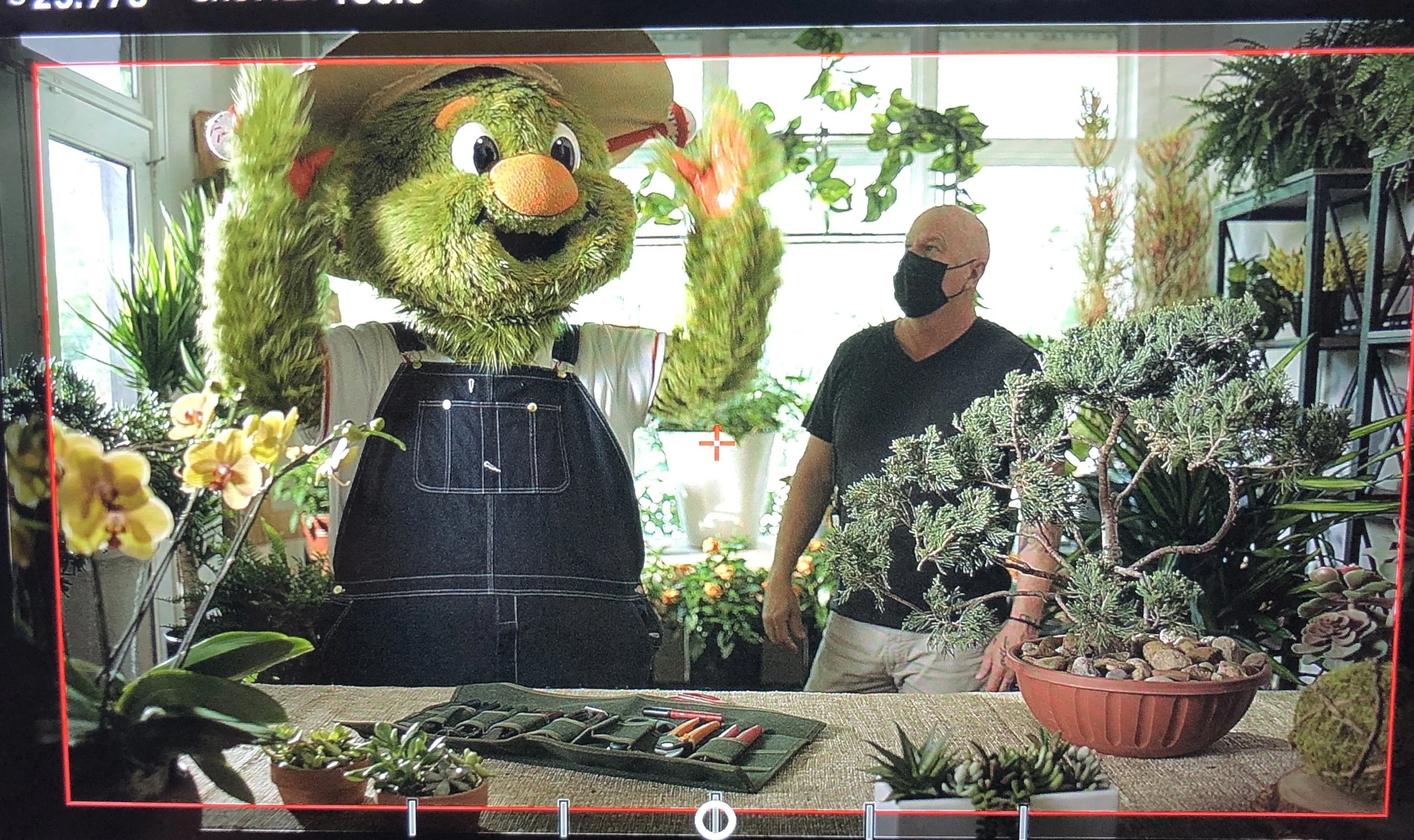 Green furry character in overalls with a person in a mask in a plant-filled room.