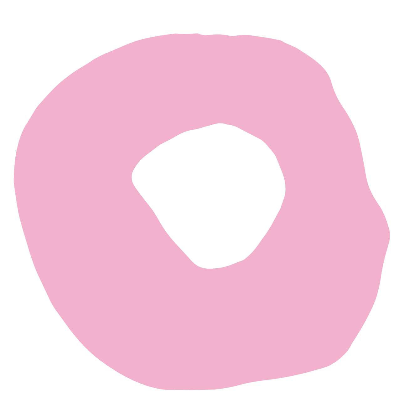 A simple illustration of a pink donut with a black hole in the center.