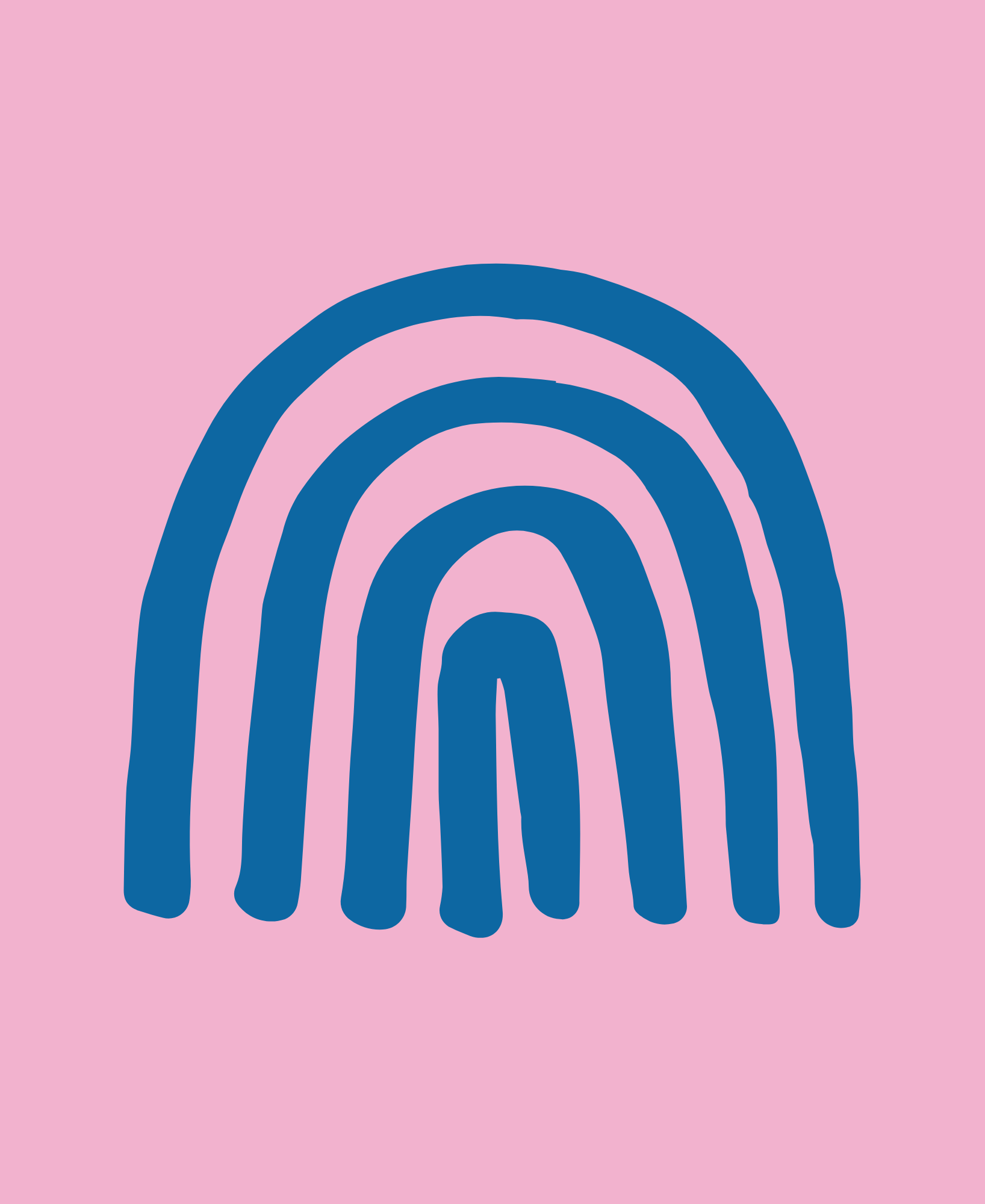 Drawing of a rainbow with five blue arches on a pink background.