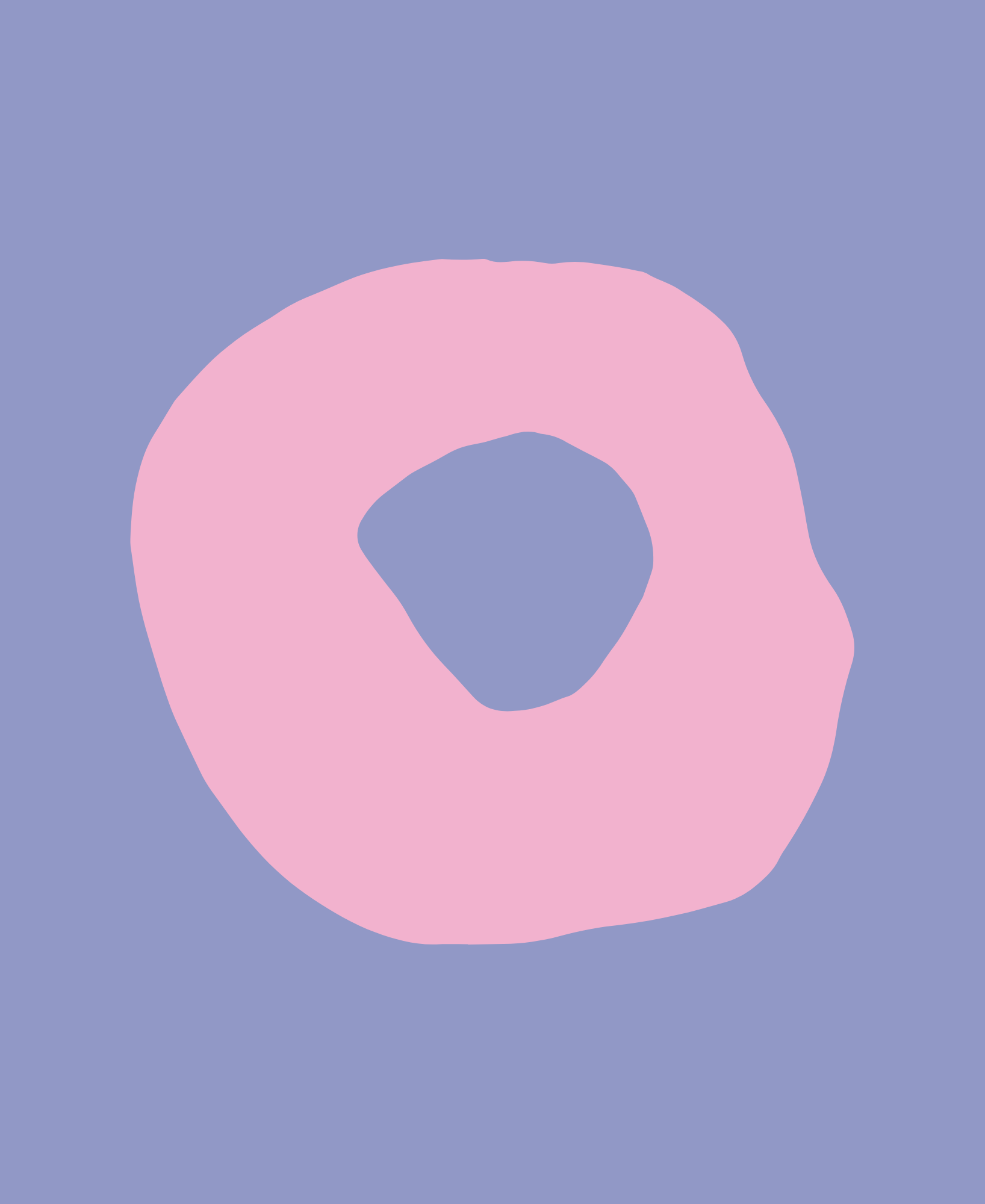 Abstract digital art featuring a pink oval shape with a hollow center on a blue background.