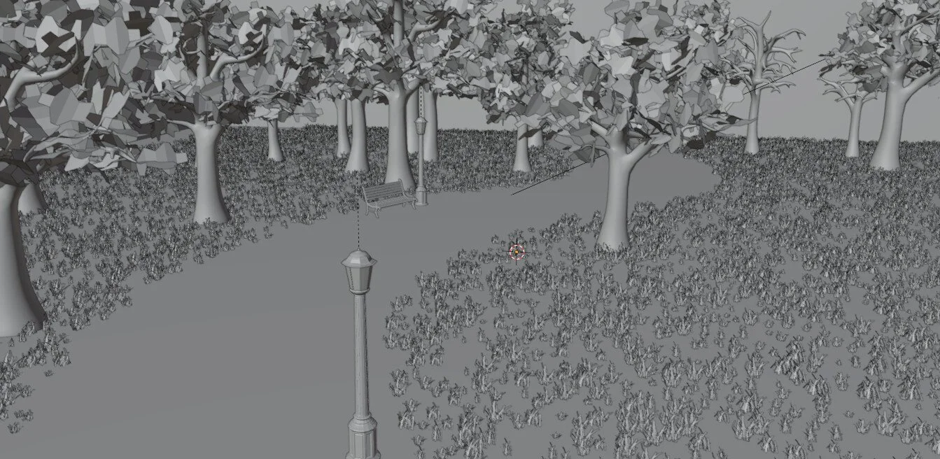 This grayscale view demonstrates the blockout stage of the park environment, focusing on composition, form, and lighting prior to the application of textures and materials. This phase was used to evaluate scene layout, asset placement, scale, and vis