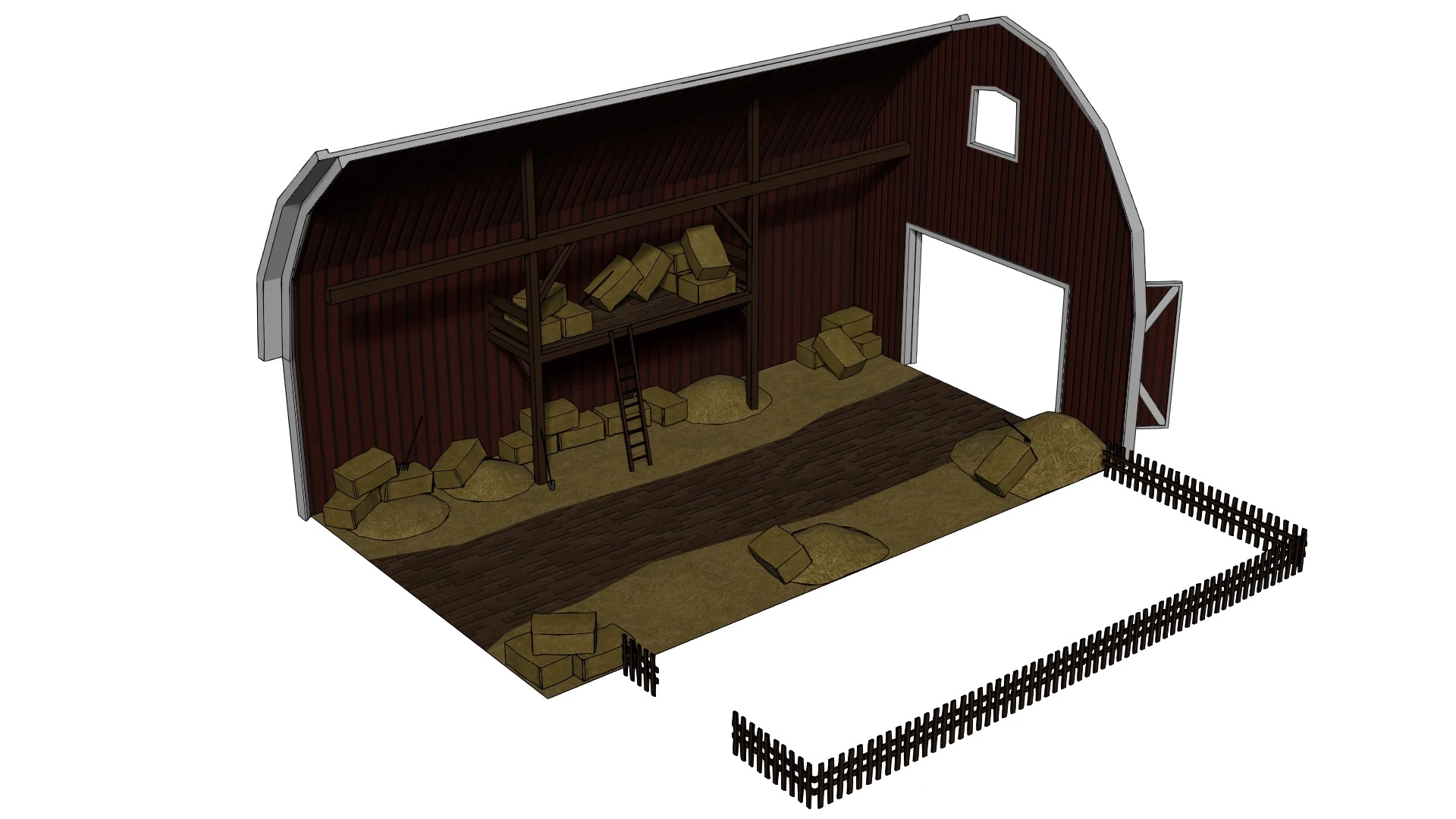 This view showcases the interior of the barn as experienced by players when entering through either the front or rear entrance. The space was designed to feel functional and believable, with carefully placed props, structural details, and textured su