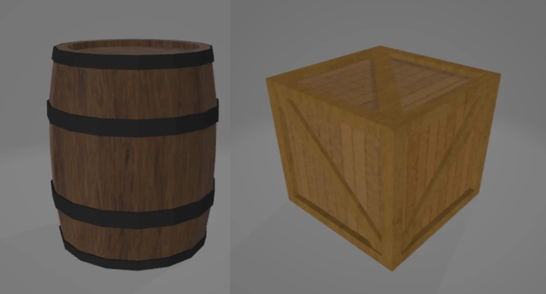 This view showcases the completed barrel and crate assets after the UV mapping and texturing process. Careful UV layout optimization was used to maximize texture space and maintain consistent texel density, while the applied materials help convey the