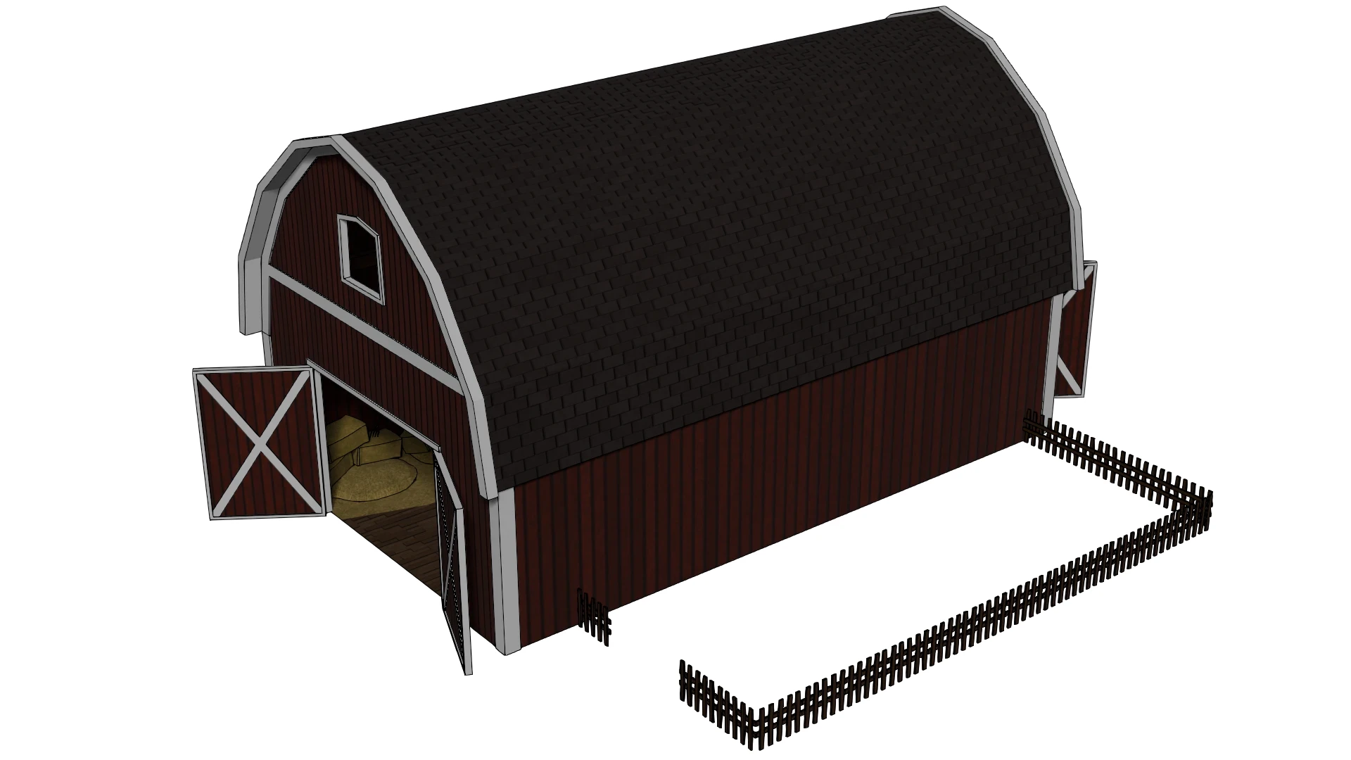 This view showcases the fully textured barn, highlighting the final materials, surface details, and overall visual quality of the asset. As the primary angle from which players will encounter the barn during gameplay, special attention was given to c