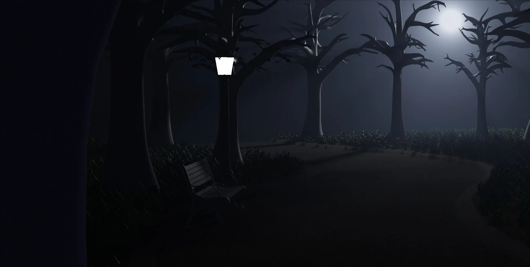This is an early render of the park environment, presenting the current state of the scene during development. The composition and lighting establish a strong foundation for mood and visual direction, while several assets—including tree, lamp, bench,