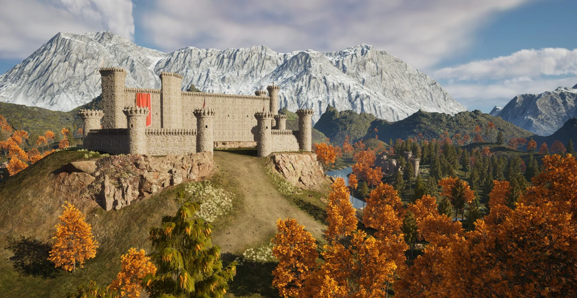 This view showcases the back-view of the newly added castle  and the winding dirt road leading to its entrance. Additional foliage and clusters of spruce trees were placed along the left side of the road, helping to frame the approach and blend it na