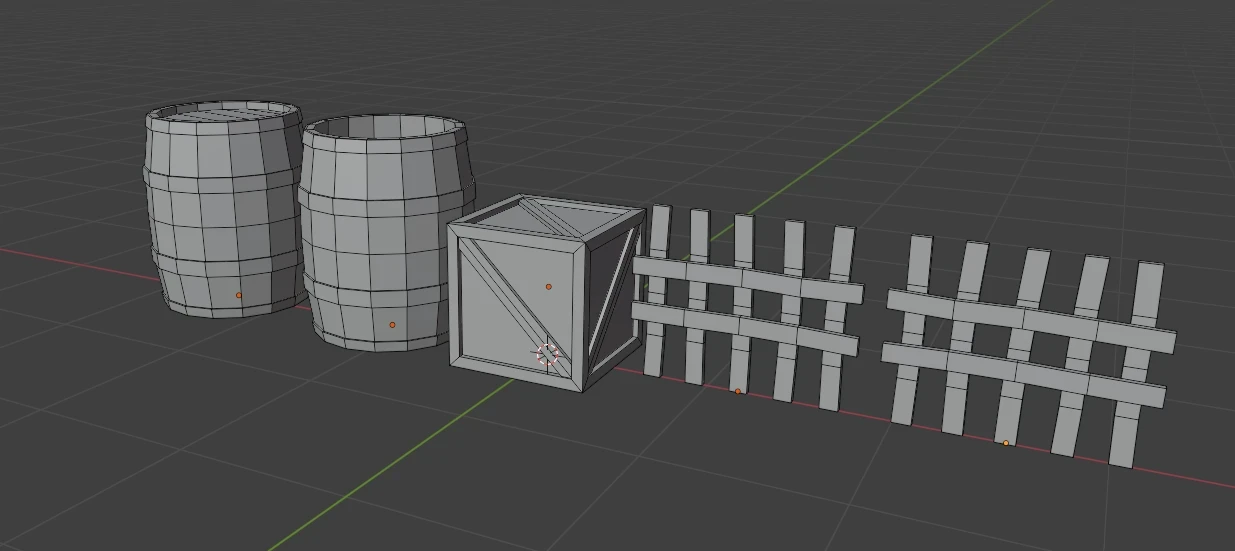 This collection showcases several of the environmental props created for the project, including a barrel, crate, and wooden fence. Each asset was designed with a low-poly workflow to maintain strong in-game performance while still delivering clear si