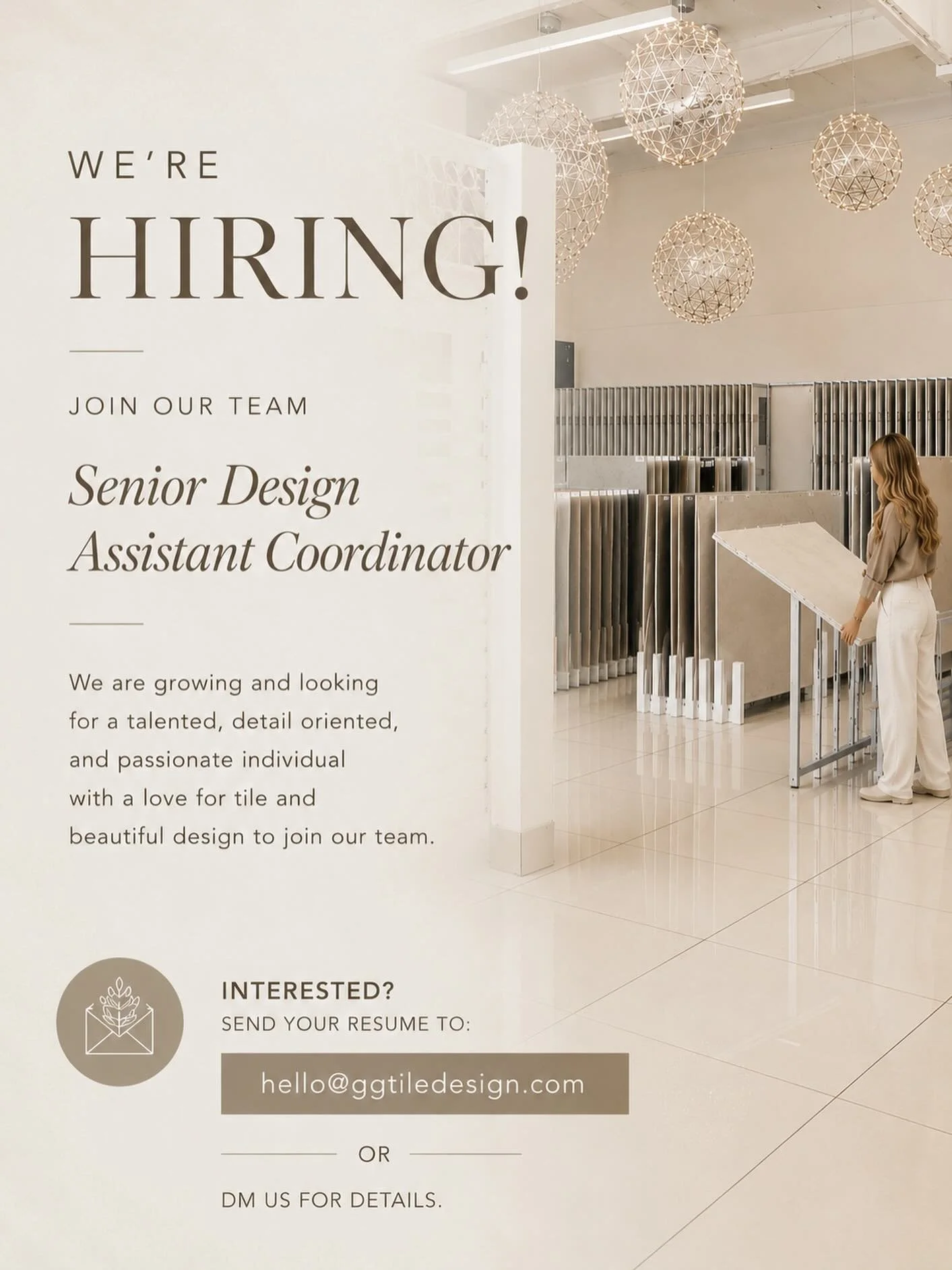 We&rsquo;re looking for our next team member! ✨

At GG Tile &amp; Design, we&rsquo;re seeking a detail-oriented, organized, and driven Senior Design Assistant Coordinator with a strong passion for project management, coordination, and design.

We&rsq