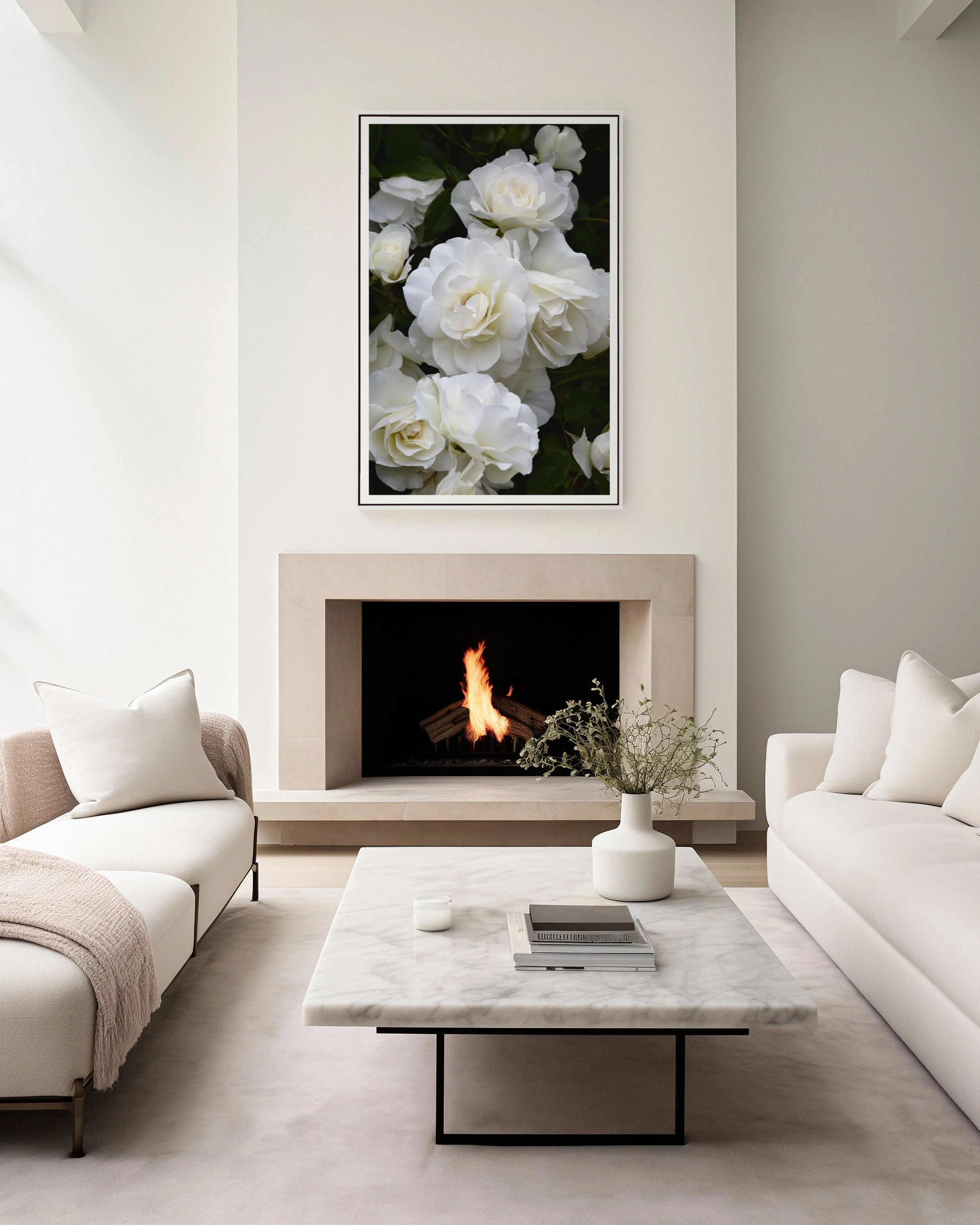 moody fine art photograph of white roses in frame on wall
