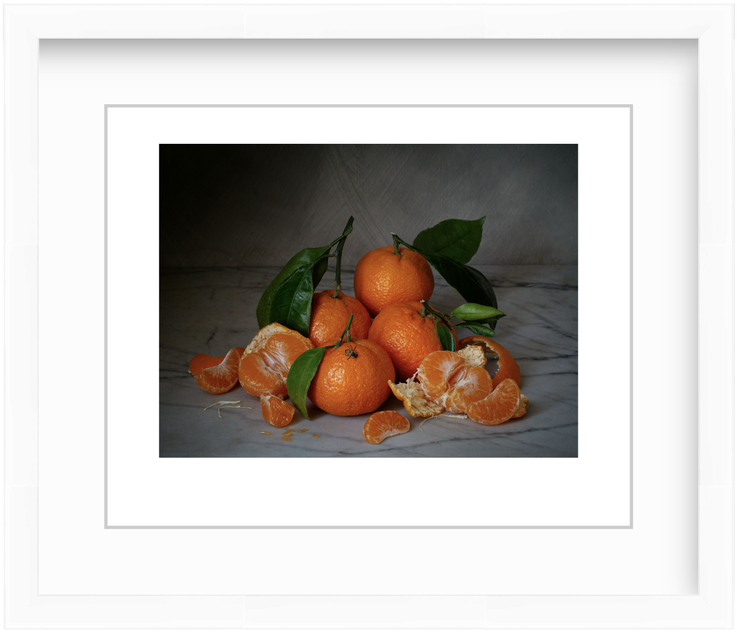 Moody still life photograph of mandarin oranges with a bee in soft, painterly lighting