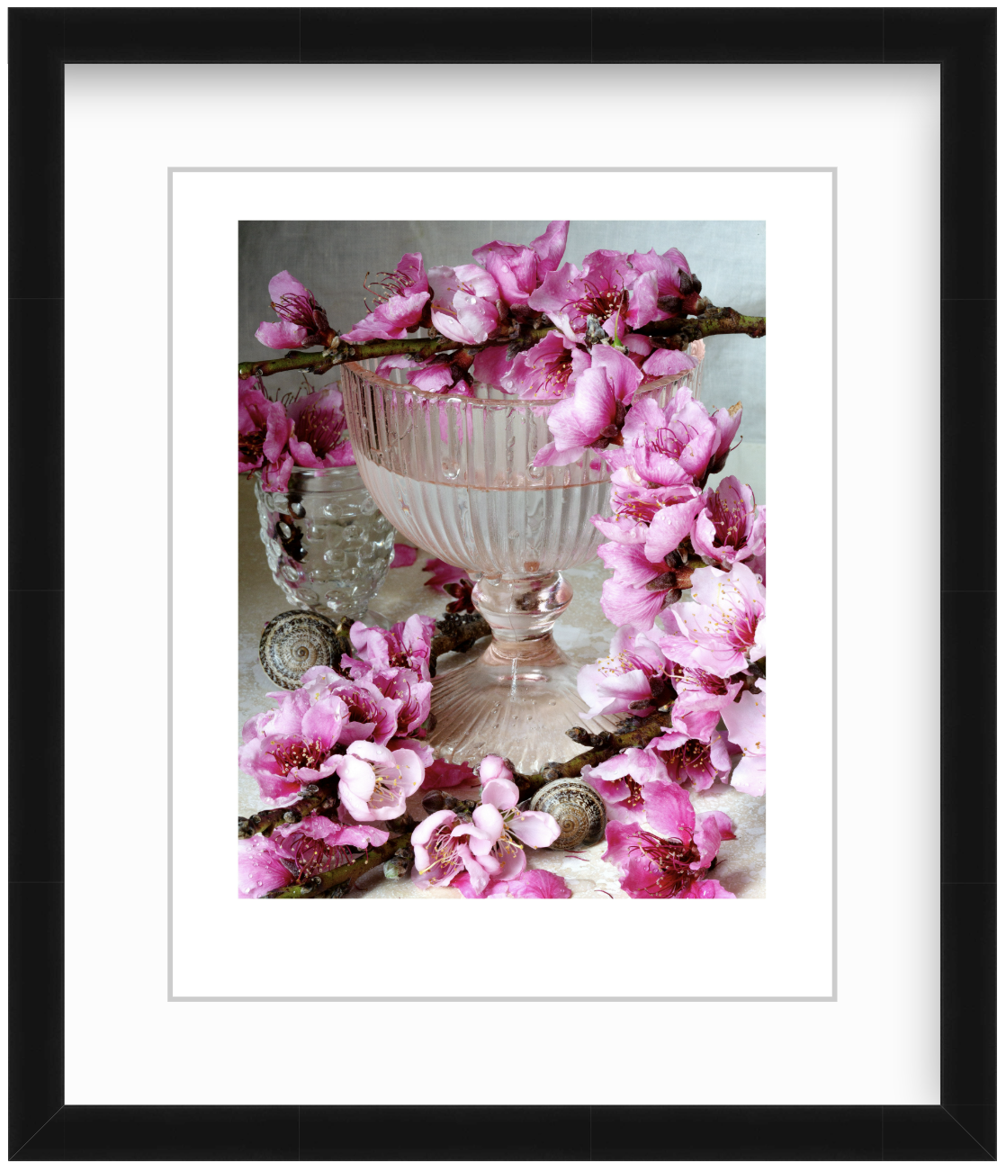 Pink peach blossoms arranged in a modern studio still life with soft lighting and a minimalist fine art composition.