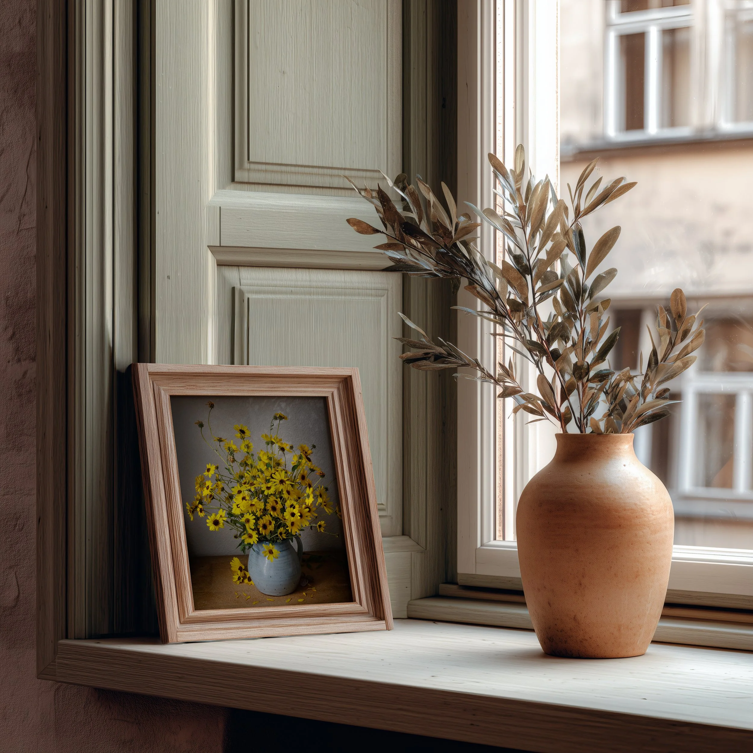 Wild sunflowers arranged in a moody still life composition with soft, dramatic lighting and dark background in a frame on windowsill