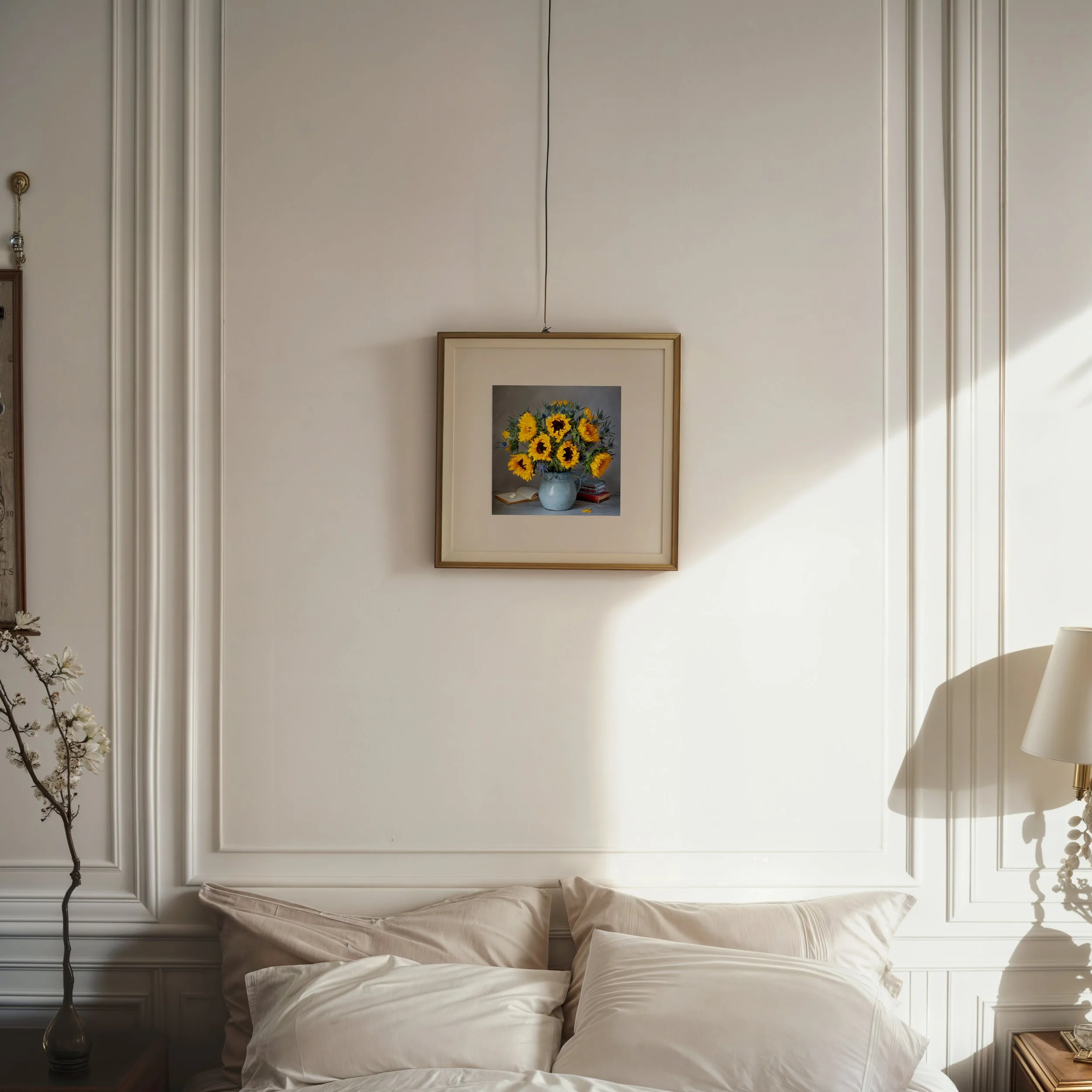 Photo of sunflowers arranged with vintage books and a butterfly in a moody studio still life, lit with soft, dramatic lighting framed in living room
