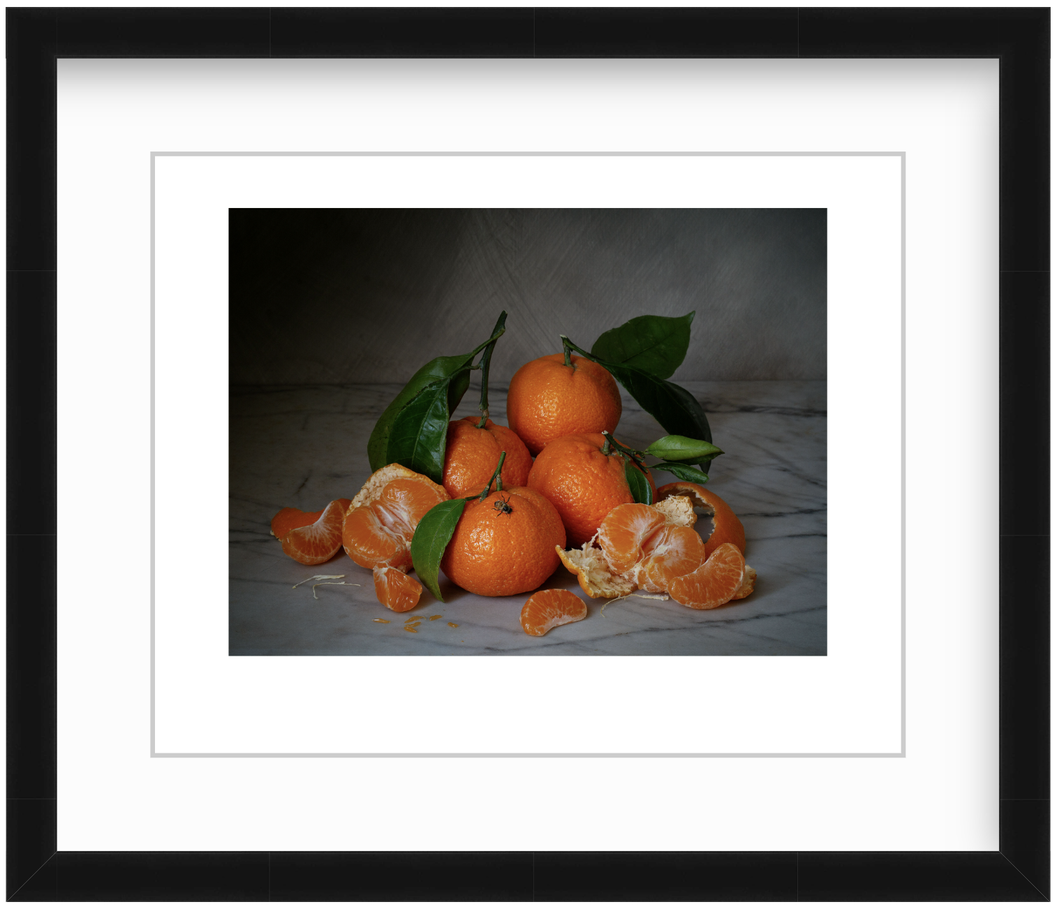 Moody still life photograph of mandarin oranges with a bee in soft, painterly lighting
