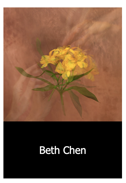 ghosted hands reaching for yellow flower with name beth chen