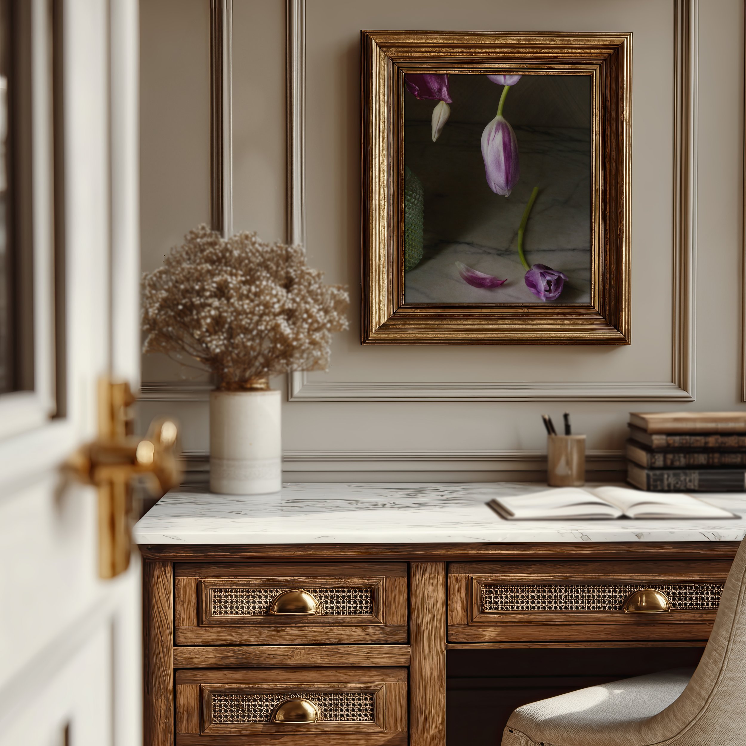 Photo of purple tulips arranged in a modern studio still life with minimalist styling and soft, even lighting in gold frame over desk