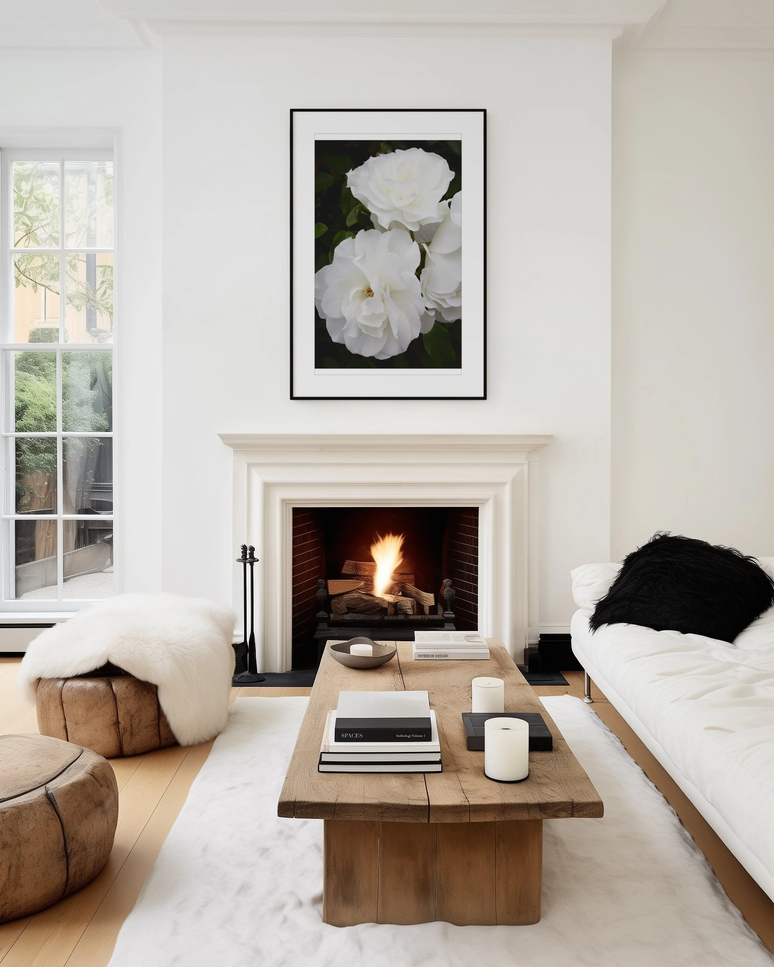 moody fine art photograph of white roses in frame on wall