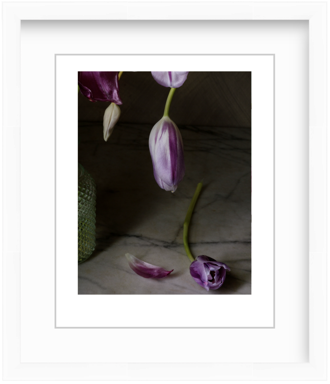 Purple tulips arranged in a modern studio still life with minimalist styling and soft, even lighting.