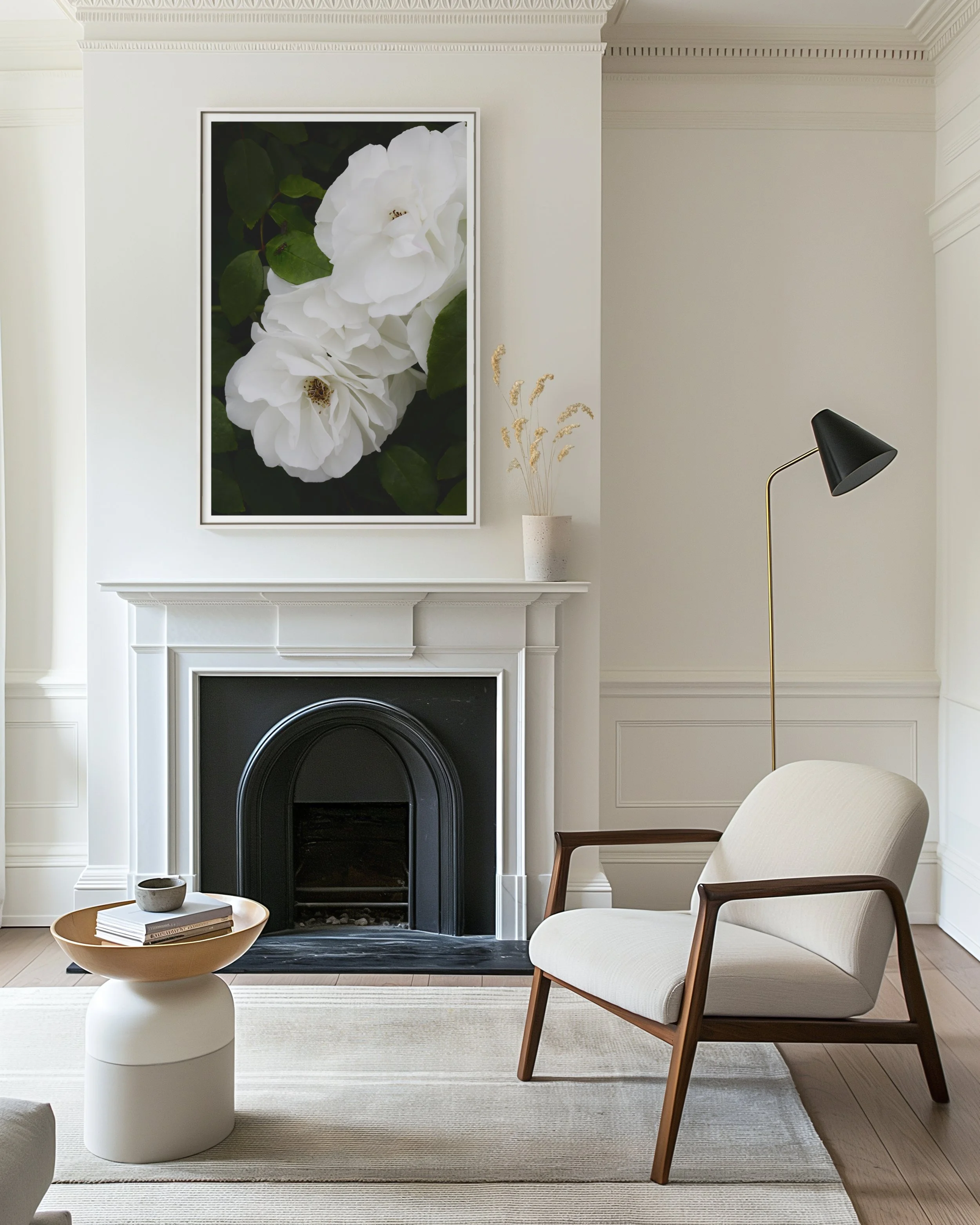 moody fine art photograph of white roses in frame on wall