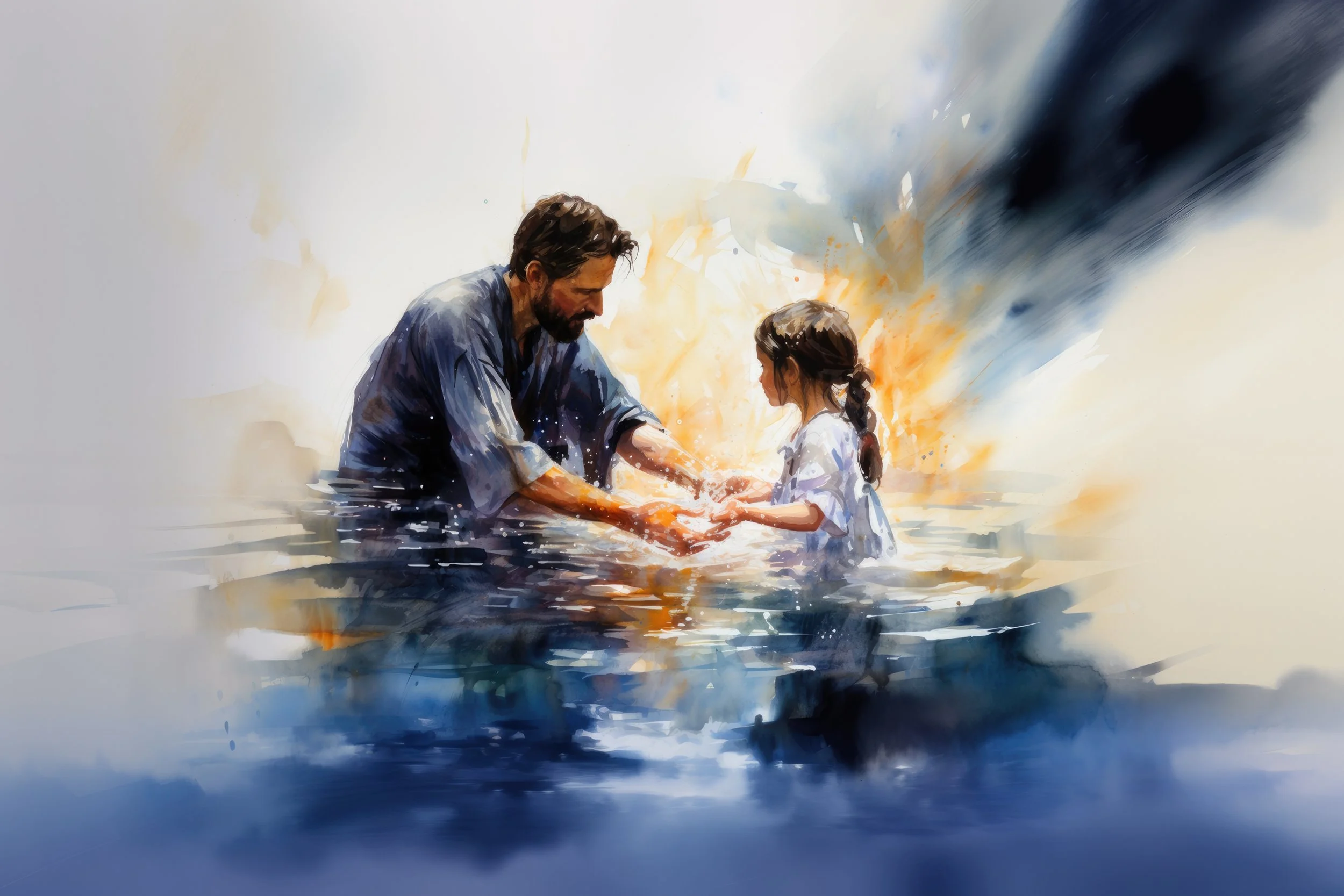 A painting of a man and a young girl in water, holding hands, with a background of light and dark abstract colors.