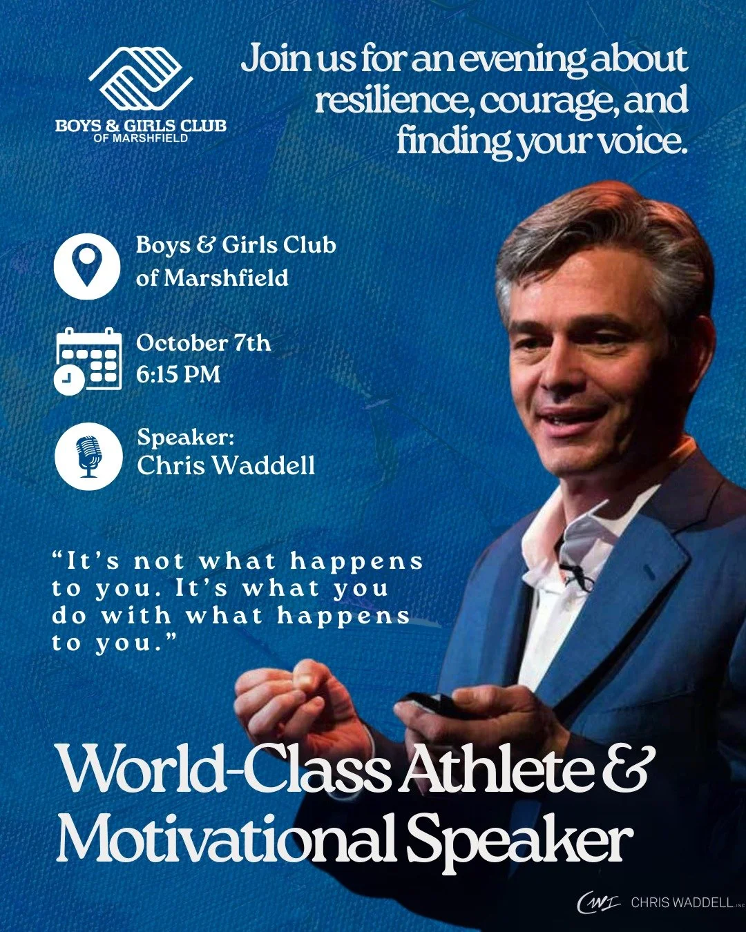 An Evening with Chris Waddell at the Marshfield Boys &amp; Girls Club
Get ready for an unforgettable night of inspiration! On Monday, October 7th at 6:15 PM, the Marshfield Boys &amp; Girls Club is honored to welcome Chris Waddell&mdash;Paralympic Ha