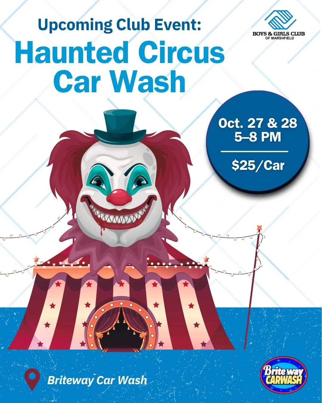 Get ready for a spooky spin through the suds at our Haunted Circus Car Wash!🎪👻 

Join us at Briteway Car Wash in Marshfield for a twisted circus full of haunted surprises, plus a squeaky clean car at the end. 🚗

📅 October 27th &amp; 28th
⏰ 5&ndas