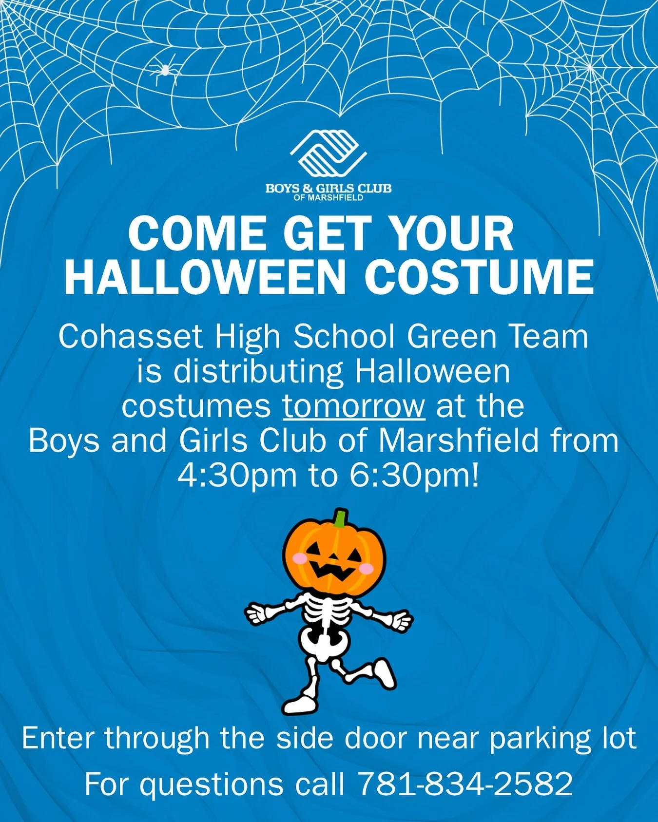 🎃Join us tomorrow to get your Halloween costumes and to make a difference! 👻

The Cohasset High School Green Team subcommittee is coming to distribute Halloween costumes tomorrow from 4:30 to 6:30pm! You can also drop off costumes tomorrow donate! 