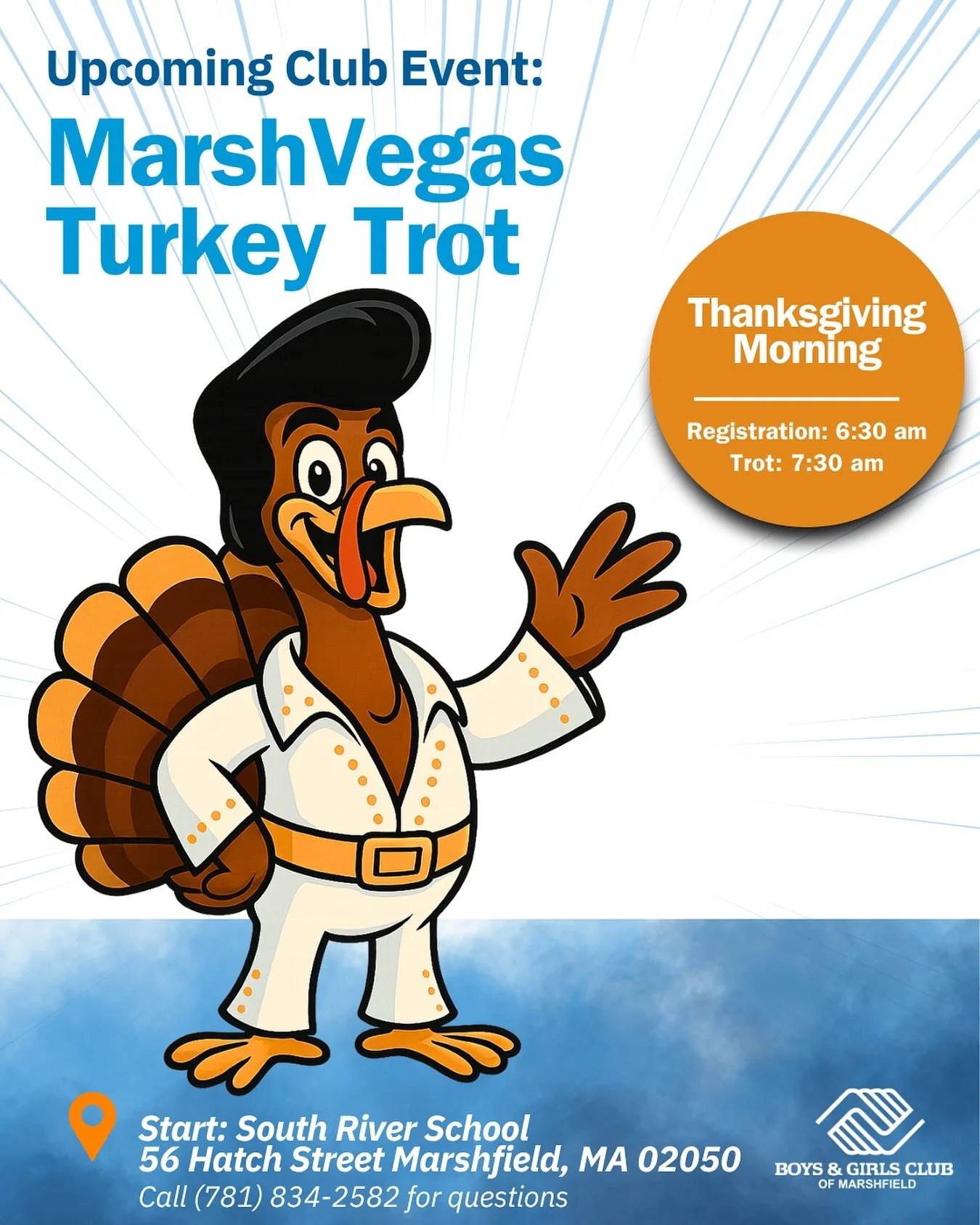 It&rsquo;s almost time for the 11th Annual MarshVegas Turkey Trot! Kick off your Thanksgiving morning with family, friends, and fun.

🏃&zwj;♂️ 2 &amp; 4 mile courses &ndash; trot, run, or walk!
⏰ Registration opens at 6:30am | Trot begins at 7:30am
