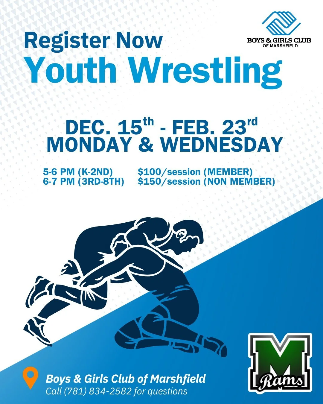 Youth Wrestling is back at the Club! 🤼&zwj;♂️

Join us this winter for a fun, confidence-building program for K&ndash;8th graders.

Sessions run Dec. 15&ndash;Feb. 23 on Mondays &amp; Wednesdays.

➡️ Registration is now open on the Parent Portal!

?