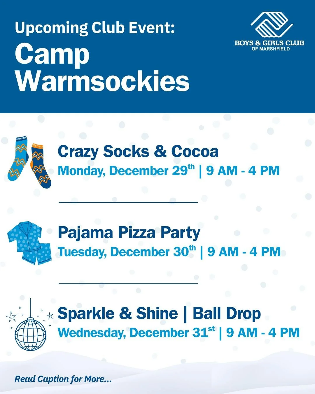 Winter break fun is here! ❄️💙 We&rsquo;re opening our doors to community kids December 28&ndash;30 for three days of winter break fun!

🕒 9 AM&ndash;4 PM (doors open at 8:30 AM)
💵 $50 per day, per child

Each day features a festive theme:
🧦 Monda